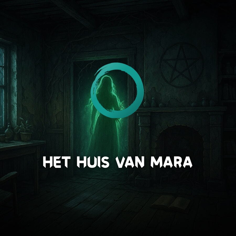 Het huis van Mara: de geest van Mara in het donkere huis, met de groenblauwe ShadowLab-cirkel