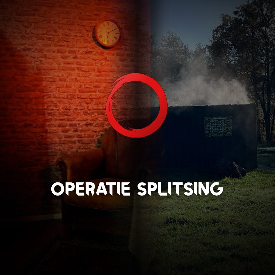 Operatie Splitsing: links het lab van de Kolonel, rechts het veld van Red Alert, met de rode ShadowLab-cirkel